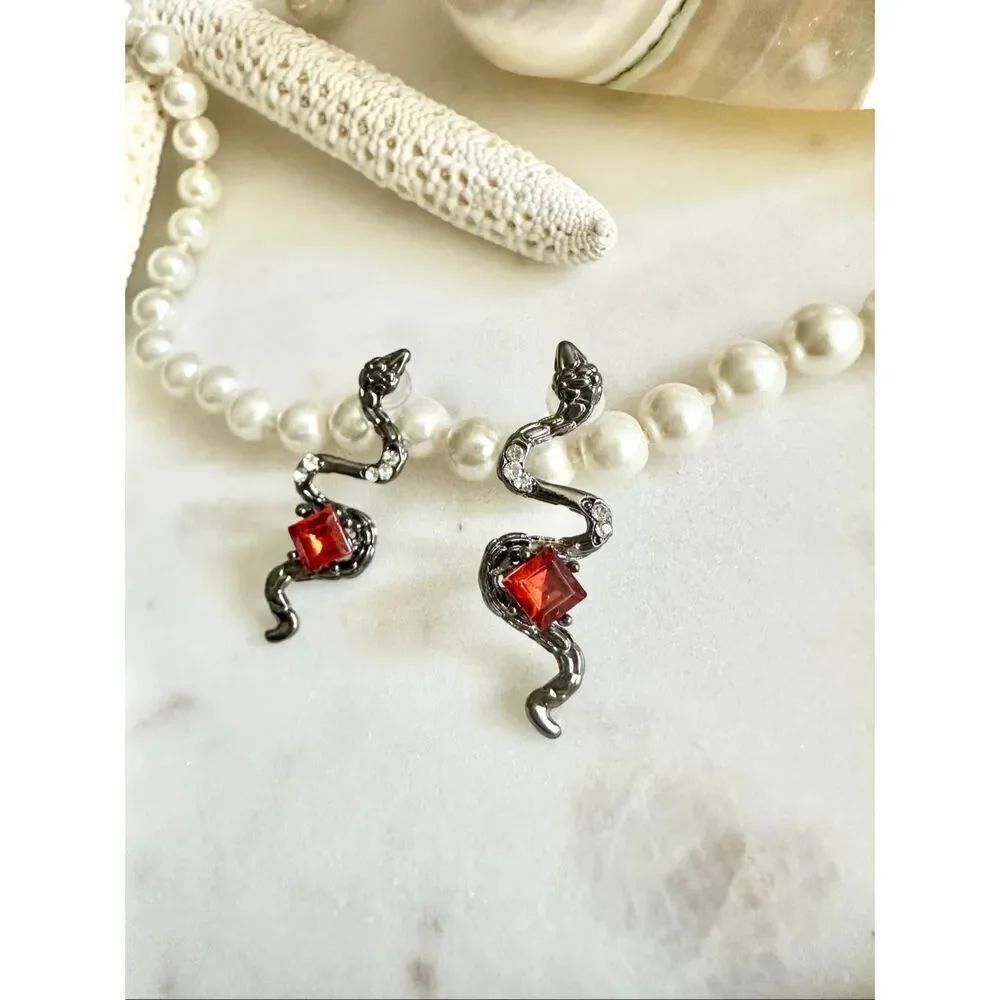 Gun metal snake fire red asscher cut dangle earrings